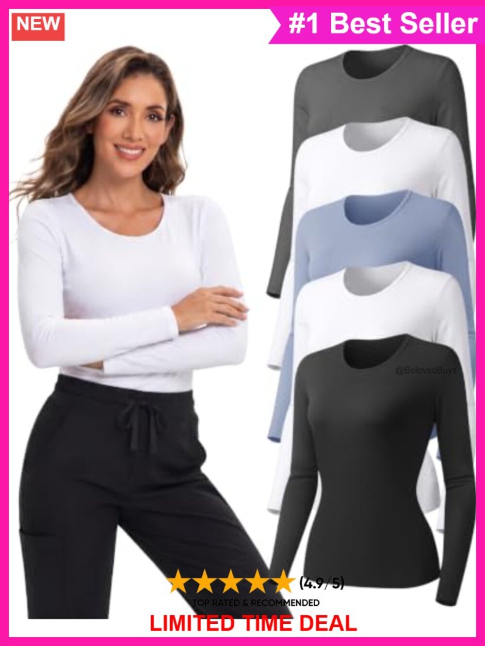 5 Pack Women's Long Sleeve Underscrub Shirts Stretch Tag-Free Crew Neck Base